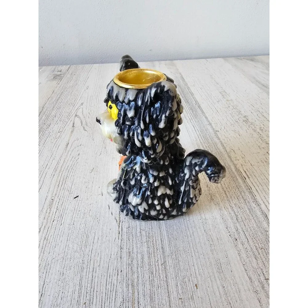 Vintage melted candle cat holder stick pumpkin jack-o'-lantern‎
